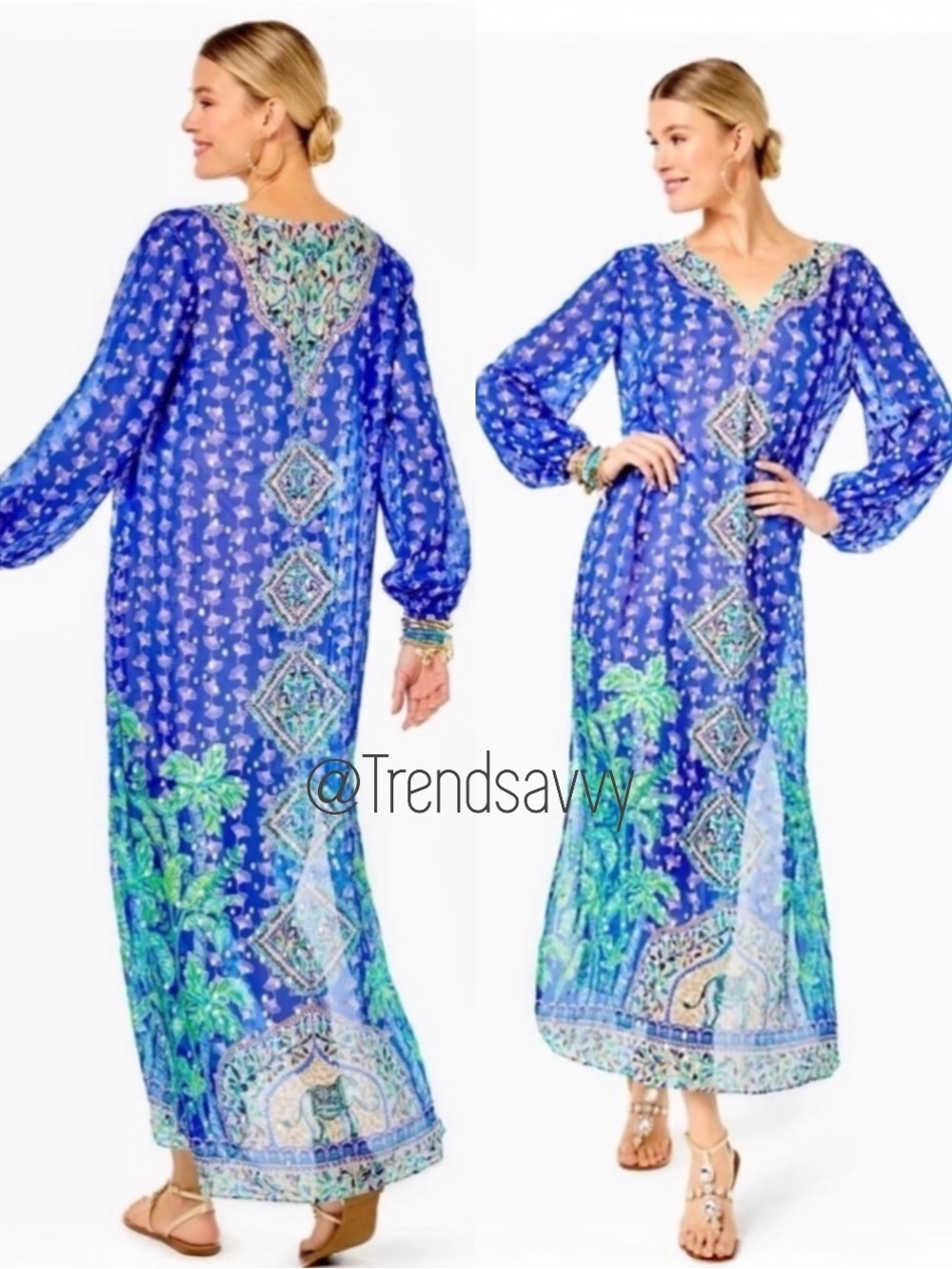 Lilly Pulitzer Jupiter Silk Caftan Maxi Dress Blue Gold L/XL Resort Glam NWT